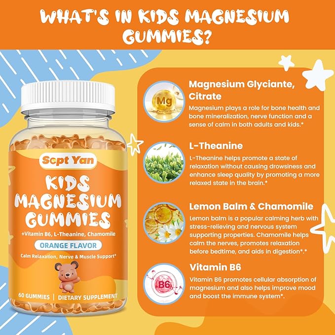 Kids Magnesium Gummies - Magnesium Glycinate Citrate Gummies Supplement for Kids & Adults with Vitamin B6, L-theanine - Calm Magnesium for Sleep Stress Relaxation Bones, Sugar Free Orange Flavor 60ct