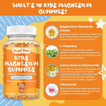 Kids Magnesium Gummies - Magnesium Glycinate Citrate Gummies Supplement for Kids & Adults with Vitamin B6, L-theanine - Calm Magnesium for Sleep Stress Relaxation Bones, Sugar Free Orange Flavor 60ct