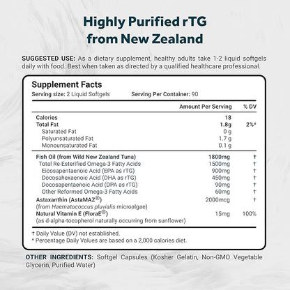 Ultimate rTG Omega 3 Fish Oil 1800mg from Wild New Zealand Tuna - Full Spectrum Omega3s EPA, DHA & DPA - Sustainably Sourced, Non-GMO, Gluten Free - 180 Softgels