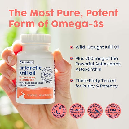 NativePath: Antarctic Krill Oil - Wild-Caught Krill Omega-3 Fatty Acids with EPA and DHA - 30-Day Supply - Supports Your Joint, Heart, Brain and Immunity - Pure Formula, No Fishy Taste
