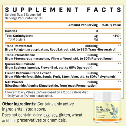 Trans-Resveratrol Powder Supplement with Red Wine Extract, Quercetin, Pterostilbene & NAD, 4.23 OZ, 30-Day Serving