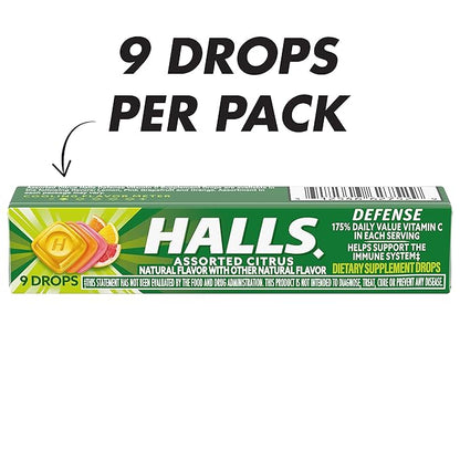 HALLS Defense Assorted Citrus Vitamin C Drops, 20 Sticks of 9 Drops (180 Total Drops)