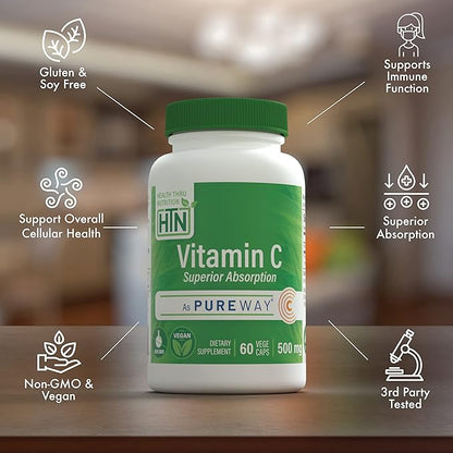 Health Thru Nutrition Vitamin-C 500mg as PureWay-C 60 Vegecaps Superior Absorption | Healthy Immune Function and Collagen Support | 3rd Party Tested | Vegan, Non-GMO and Gluten Free