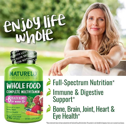 NATURELO Whole Food Multivitamin for Women 50+ (Iron Free) with Vitamins, Minerals, & Organic Extracts - Supplement for Post Menopausal Women Over 50 - No GMO - 240 Vegan Capsules