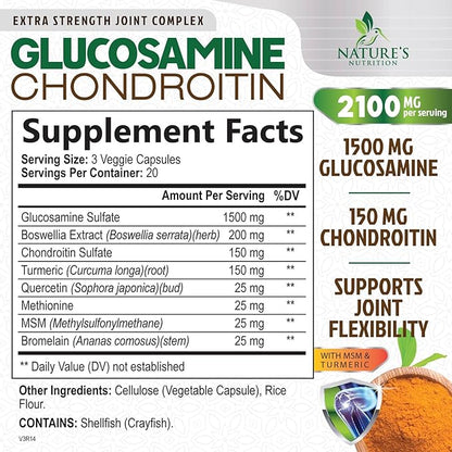 Glucosamine Chondroitin MSM 2100mg Complex - Joint Support Supplement Turmeric & Boswellia, Triple Strength Glucosamine Capsules - Support for Joint Mobility with Quercetin Bromelain - 60 Capsules