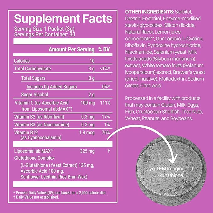 Liposomal Glutathione Powder, 125mg L-Glutathione Sugar-Free Flavored Packets, 100mg Vitamin C, Powerful Antioxidant Supplement for Skin, Beauty Health & Detox Support, 30 Packets - Lemon