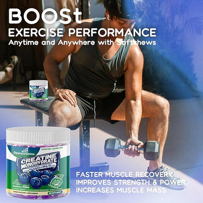 Creatine Monohydrate Soft Chews Complex 6400mg for Men & Women -Advanced Formula W/L-Taurine + Vitamin B12, Sugar Free Chewable Supplement,60 Blueberry Softchews