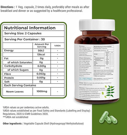 Biovitalia Plant Based Neem 1000mg Capsule for Men & Women | Dietary Supplement | Support Healthy & Promote Detoxification - 60 Vegan Capsules