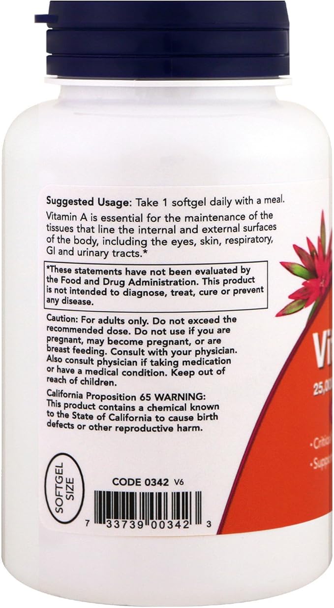 Now Foods Vitamin A, 25000 IU from Fish liver oil, 250 Softgels (Pack of 2)