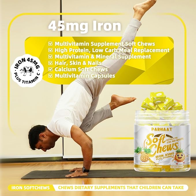 Iron Soft Chew Supplement with Vitamin C | Pineapple Flavored | Gluten Free | Iron Supplement for Women Men and Kids | 60 Count | 2 Month Supply