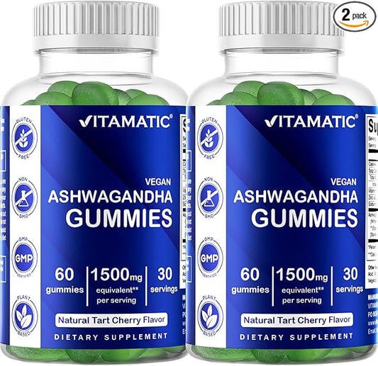 Vitamatic 2 Pack Ashwagandha Gummies 1500 mg Equivalent Per Serving (from 30:1 Extract 50 mg) - 60 Vegan Gummies - 3% Withanolides