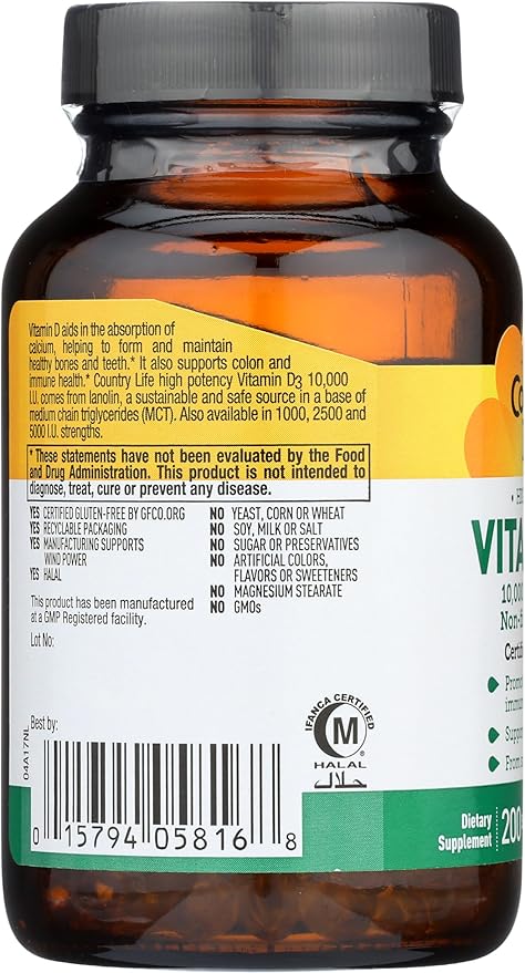 Country Life Vitamin D3, High Potency, Non-Fish, 10,000 IU, 200 Softgels, Certified Gluten Free