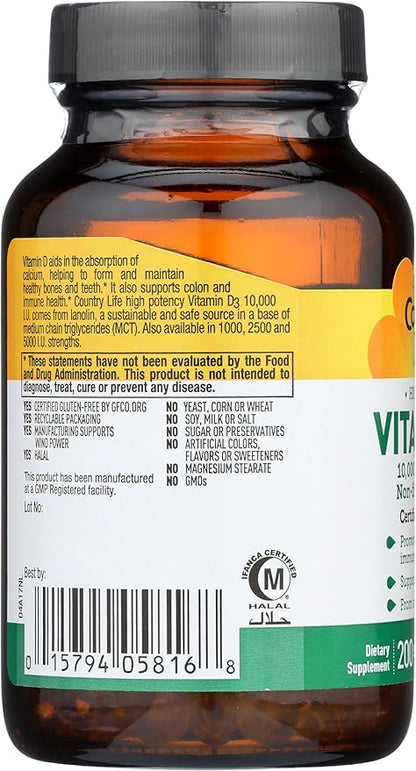 Country Life Vitamin D3, High Potency, Non-Fish, 10,000 IU, 200 Softgels, Certified Gluten Free