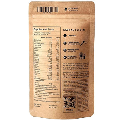 Numami Organic Detox Blueberry Smoothie Powder with Healthy Spirulina, Atlantic Dulse and Barley Grass Juice Powder, Premium Quality superfood from Europe