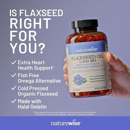NatureWise Flaxseed Oil 1400 mg, Fish Free, High Potency Omega 3 with 812 mg ALA, Dietary Supplement for Heart Health Support - Organic, Cold Pressed, Non-GMO - 120 Softgels[120-Day Supply]