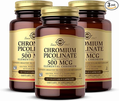 Solgar Chromium Picolinate 500 mcg - 60 Vegetable Capsules, Pack of 3 - Supports Sugar, Fat & Protein Metabolism - Non-GMO, Gluten Free, Kosher - 90 Total Servings
