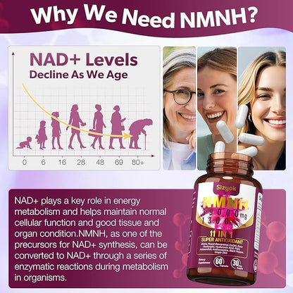 11-in-1 NMNH (Dihydronicotinamide Mononucleotide), 600mg per Serving, NAD+ Supplement with Resveratrol, CoQ10 to Support NAD+ Levels, NMNH Supplement for Anti-Aging, 60 Count, 30 Day Supply