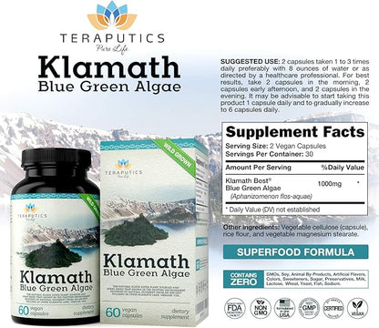 Premium Klamath Lake Blue Green Algae - More Powerful Than Spirulina and Chlorella Supplements | Pure Chlorophyll Rich SuperFood, Sourced from Organic Klamath Lake, 500mg, 60 Vegan Capsules