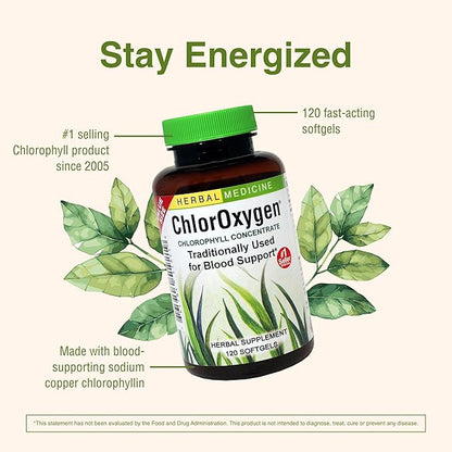 Herbs Etc. ChlorOxygen Chlorophyll Concentrate - Aids Healthy Blood Circulation - High-Altitude Environment Support - Energy Support - 120 Softgels (120 Servings)