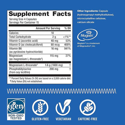 Natural Vitality Focus, Magnesium L-Threonate and Phosphatidylserine Nootropic Brain Supplements for Memory, Focus, and Cognition, Gluten Free, Vegetarian, 60 Capsules