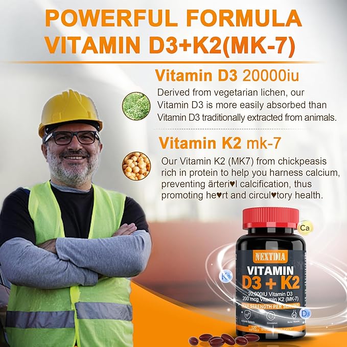 Vitamin D3 20,000 IU + Vitamin K2( MK7 )200mcg - Optimal Vitamin D3 & K2 Softgel - Strong Bones & Muscle, Calcium Absorption & Immune Support, Helping Vitamin D Deficiencies, Easy to Swallow, Non GMO