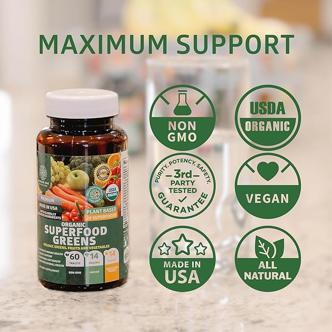 Certified Organic Superfood Greens [28 Powerful Ingredients] Natural Super Greens Capsules, Fruit and Veggie Supplement with Alfalfa, Beet Root and Ginger to Support Energy and Immunity, 60 Tablets