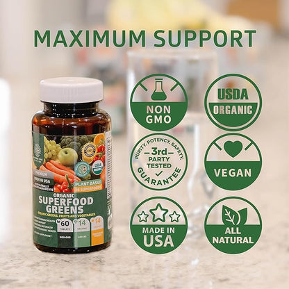 Certified Organic Superfood Greens [28 Powerful Ingredients] Natural Super Greens Capsules, Fruit and Veggie Supplement with Alfalfa, Beet Root and Ginger to Support Energy and Immunity, 60 Tablets