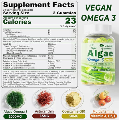 Vegan Omega 3 Supplement Gummies 1000mg for Women & Men, Omega 3 Fish Oil Alternative w/CoQ10, Astaxanthin, Vitamin A, E, D3 for Brain, Eye, Antioxidant - Algae DHA 640mg & EPA 290mg, Sugar Free 1Pack