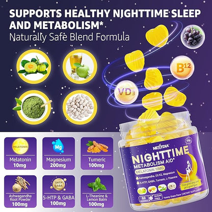 Melatonin 10mg Gummies, Night Time Metabolism Gummies for Adults, Crush Excess Hoarding While You Rest, Promote Healthy Zzzs, with Magnesium, Ashwagandha, 5-HTP, GABA, 100% Drug Free,Sugar Free,2Packs
