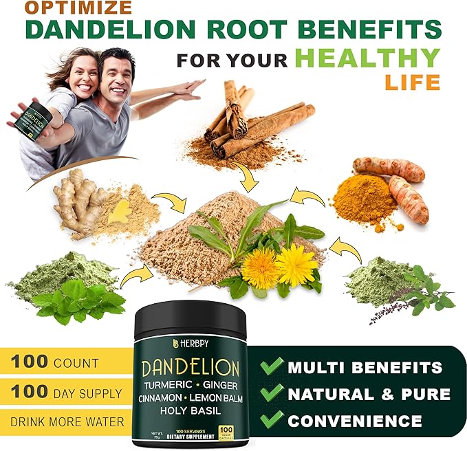 Dandelion Root Supplement 7500mg 6in1 for Digestion, Heart Health & Immune - Blended with Ginger, Turmeric Curcumin, Ceylon Cinnamon, Lemon Balm & Holy Basil - 100 Dandelion Capsules