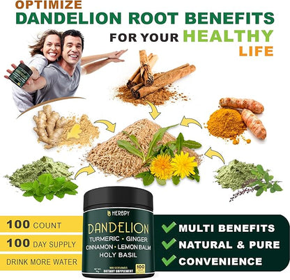 Dandelion Root Supplement 7500mg 6in1 for Digestion, Heart Health & Immune - Blended with Ginger, Turmeric Curcumin, Ceylon Cinnamon, Lemon Balm & Holy Basil - 100 Dandelion Capsules