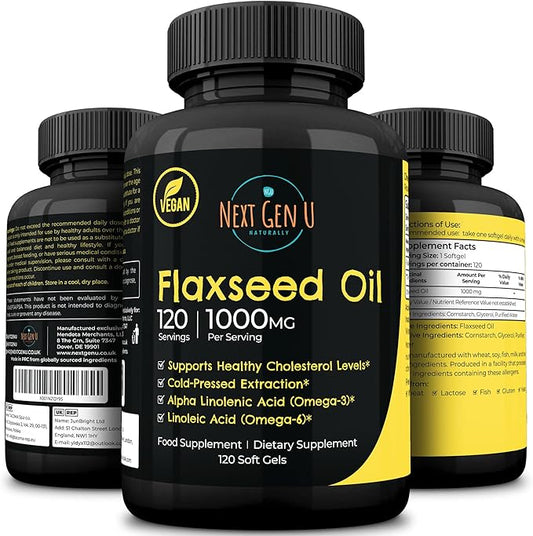 Flaxseed Oil Capsules - 1000 mg - 120 Vegan Soft Gels - High in Omega 3, 6, 9 - Cold Pressed Flax Seed Formula - 4 Months Supply - by NextGenU