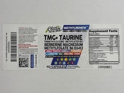 Clean Nutra Methylated Multivitamin for Women Men TMG Taurine Supplement + B6 Vitamins, B12, D3 K2, Magnesium Methylfolate Milk Thistle Omega 3 Turmeric NAC L Carnitine Creatine COQ10 B Complex Caps