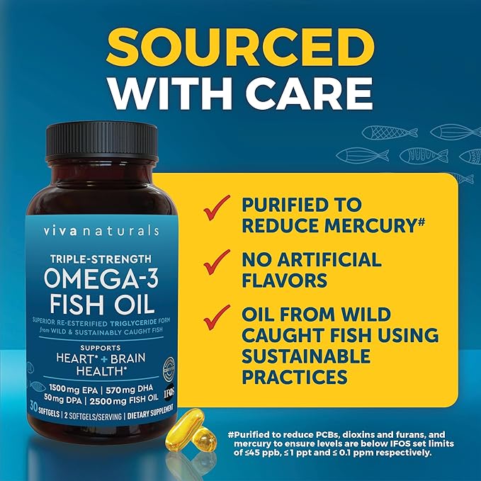 Viva Naturals Omega 3 Fish Oil Supplement for Women and Men - 2500 mg Triple Strength Fish Oil Pills with Re-Esterified Omega 3 Fatty Acids Including EPA, DHA DPA - 30 Pescatarian-Friendly Softgels