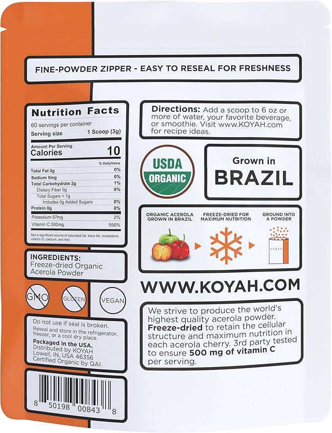 KOYAH - Organic Acerola Powder: Freeze-Dried, 100% Pure, 500 mg Natural Vitamin C per Scoop, Whole-Food, Non-GMO, Vegan, 60 Servings, Made from acerola Cherries Grown in Brazil