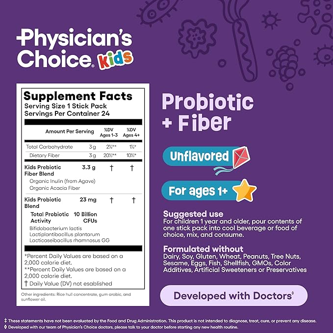 Physician's Choice Kids Probiotic + Prebiotic Fiber Packets (Ages 1+) - Supports Regularity, Occasional Constipation & A Healthy Digestive System - No Allergens or Preservatives - Unflavored - 24 Pack