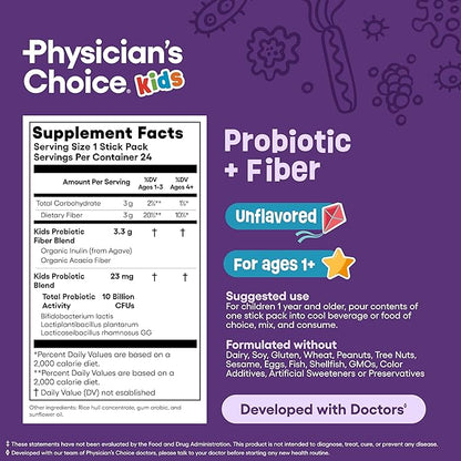 Physician's Choice Kids Probiotic + Prebiotic Fiber Packets (Ages 1+) - Supports Regularity, Occasional Constipation & A Healthy Digestive System - No Allergens or Preservatives - Unflavored - 24 Pack