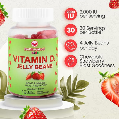 Vitamin D3 Jelly Beans - Chewable Vitamins Gummies for Kids Immune Support - Multivitamin Supplements for Bone & Joint Support - 2,000 IU Vegetarian Gummy - 120 Strawberry Flavor Beans