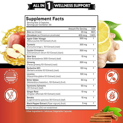 Ceylon Cinnamon, Turmeric, Apple Cider Vinegar, Ginseng, Aloe Vera, Berberine Plus Banaba, Ginger Root - 60 Count