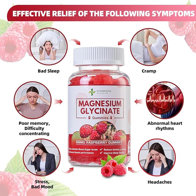 Magnesium Glycinate Gummies - 600mg Raspberry Flavor | Magnesium Glycinate Supplement for Stress Relief, Sleep, and Muscle Recovery | High Absorption Non-GMO, Perfect for Adults - 60 Count