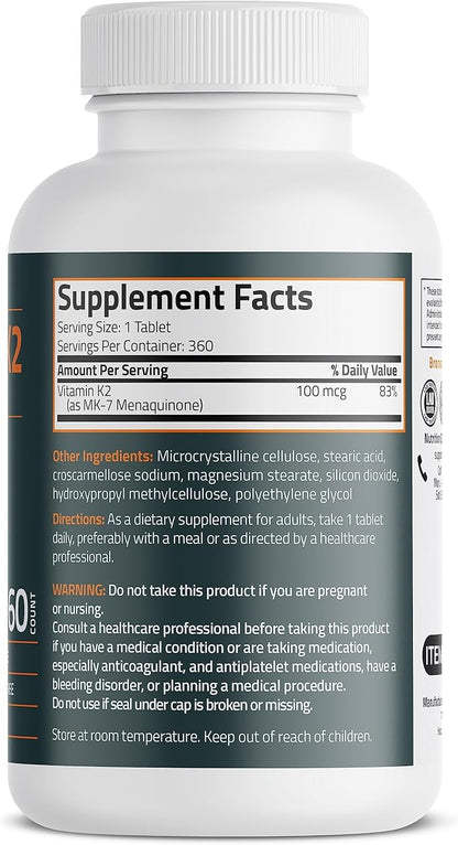 Bronson Vitamin K2 MK-7 100 MCG, K2 as MK7 Menaquinone, Bone Support 1 Year Supply, 360 Tablets