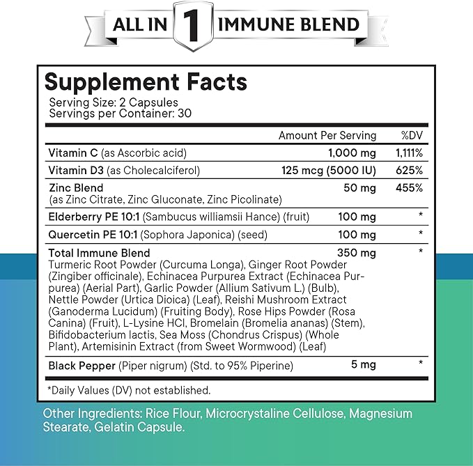 Quercetin Zinc Vitamin C Vitamin D Bromelain Elderberry -Nettle Supplement with Artemisinin, Sea Moss, Echinacea - 120 Count