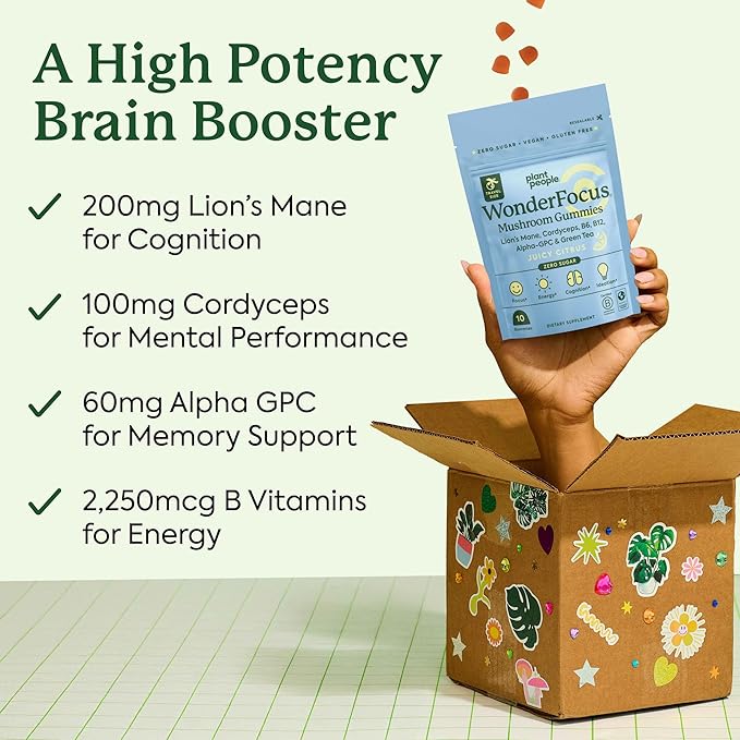 Plant People WonderFocus Mushroom Gummies Mini with Lion’s Mane & Cordyceps Nootropic Brain Supplement Boosts Memory Focus Energy & Mood in Adults No Sugar 100% Vegan Citrus Flavor Trial Size