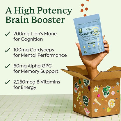 Plant People WonderFocus Mushroom Gummies Mini with Lion’s Mane & Cordyceps Nootropic Brain Supplement Boosts Memory Focus Energy & Mood in Adults No Sugar 100% Vegan Citrus Flavor Trial Size