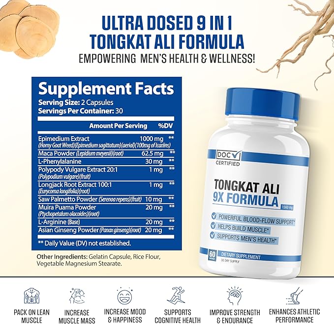 EPN Supplements Doc Certified || 9-in-1 Tongkat Ali || Maximize Blood Flow, Increase Mood & Stamina | Ultra Potent Formula w/ 9 Powerful Ingredients | 3rd Party Tested + USA Made - 60 Capsules