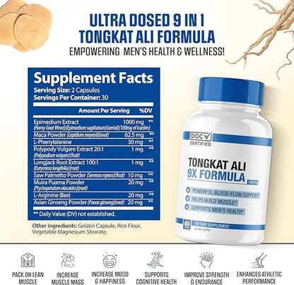 EPN Supplements Doc Certified || 9-in-1 Tongkat Ali || Maximize Blood Flow, Increase Mood & Stamina | Ultra Potent Formula w/ 9 Powerful Ingredients | 3rd Party Tested + USA Made - 60 Capsules