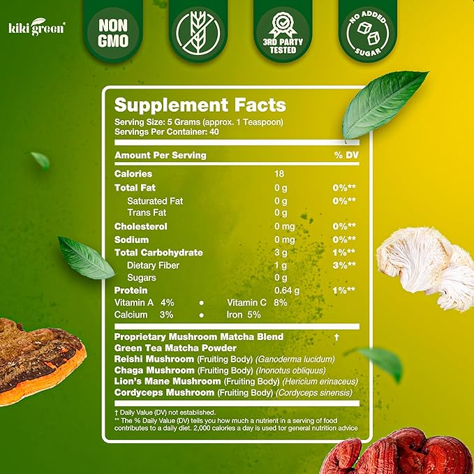 KIKI Green Mushroom Matcha Super Blend - Matcha Powder with Lion's Mane, Chaga, Reishi, Cordyceps - Mushroom Coffee Alternative for Energy, Focus, Immunity - 8 oz, 40 Servings
