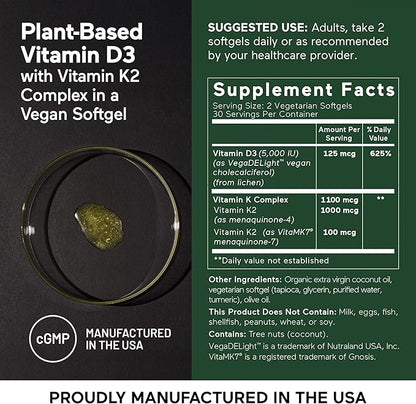 Smarter Nutrition Vegan Vitamin D3 5000 IU + Vitamin K2 1100 mcg with Organic Coconut & Olive Oil - D3 K2 Supplement for Immune Support & Bone Health in a Vegan Softgels - 60 Count [30 Day Supply]