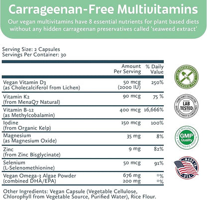 Future Kind Carrageenan-Free Foundations Multivitamin for Women & Men with Omega-3, B12, D3, Zinc, Iodine, Magnesium, K2 & Selenium, Vegan, Compostable Bag (60ct)