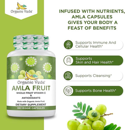 Organic Veda Amla Capsules - 1500mg, 300 Capsules Organic Whole Fruit Amla Powder - Natural Vitamin C for Immunity, Skin Radiance, Antioxidants - Vegan, Non GMO, Raw Vitamin C Supplements